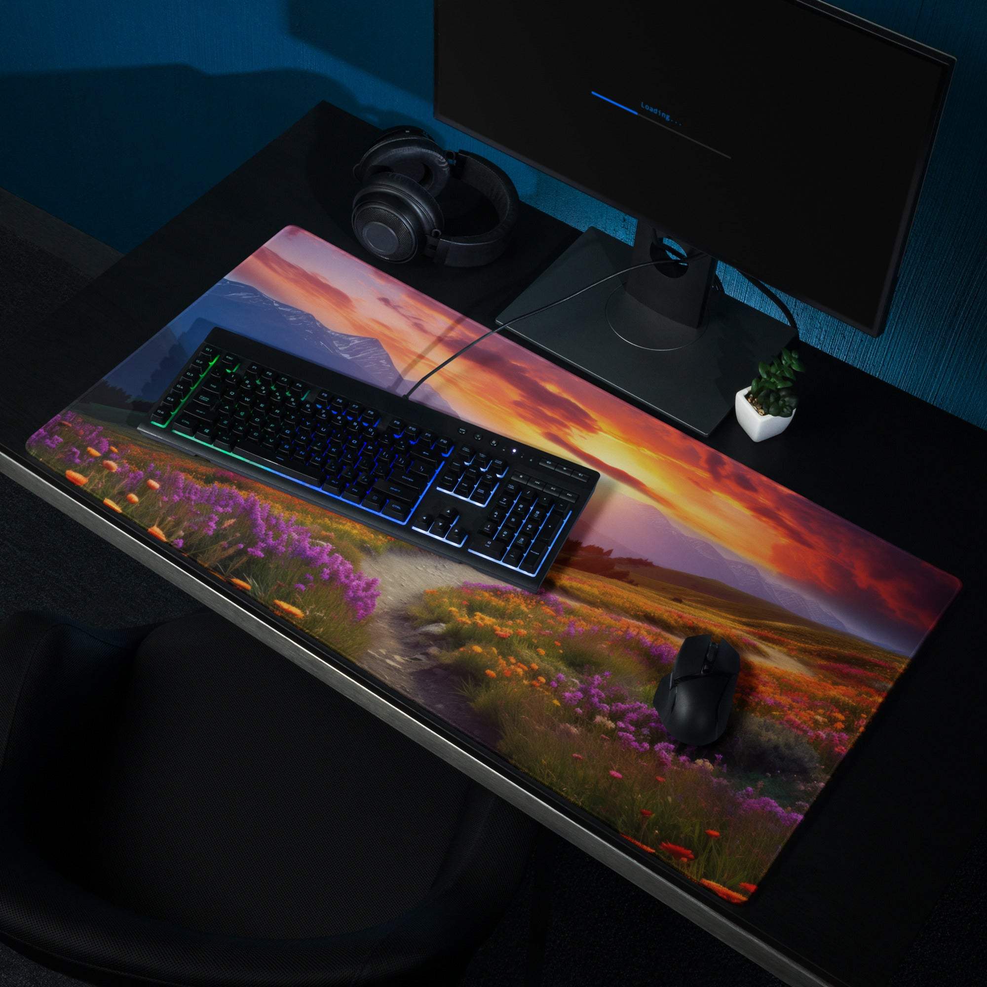 Large scenic mountain sunset meadow gaming mouse pad with vibrant purple orange flowers