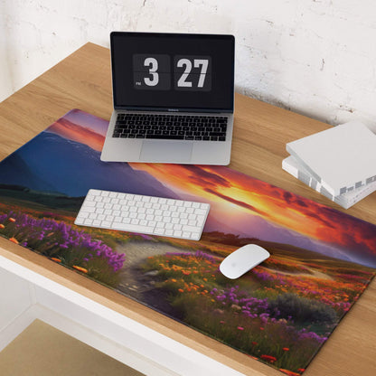 Vibrant scenic mountain sunset meadow mouse pad with purple orange flowers