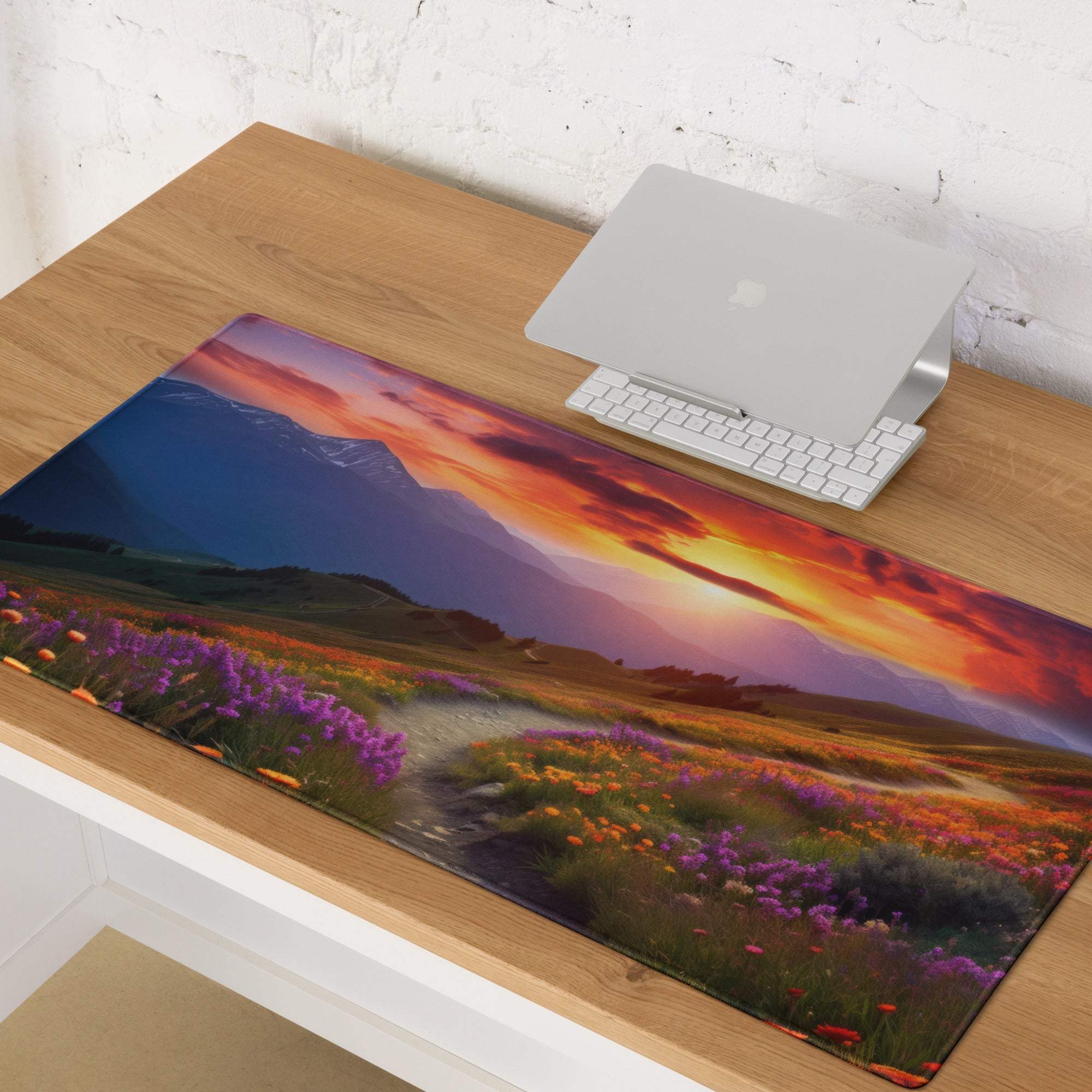 Scenic Mountain Sunset Meadow large gaming mouse pad with vibrant sunset