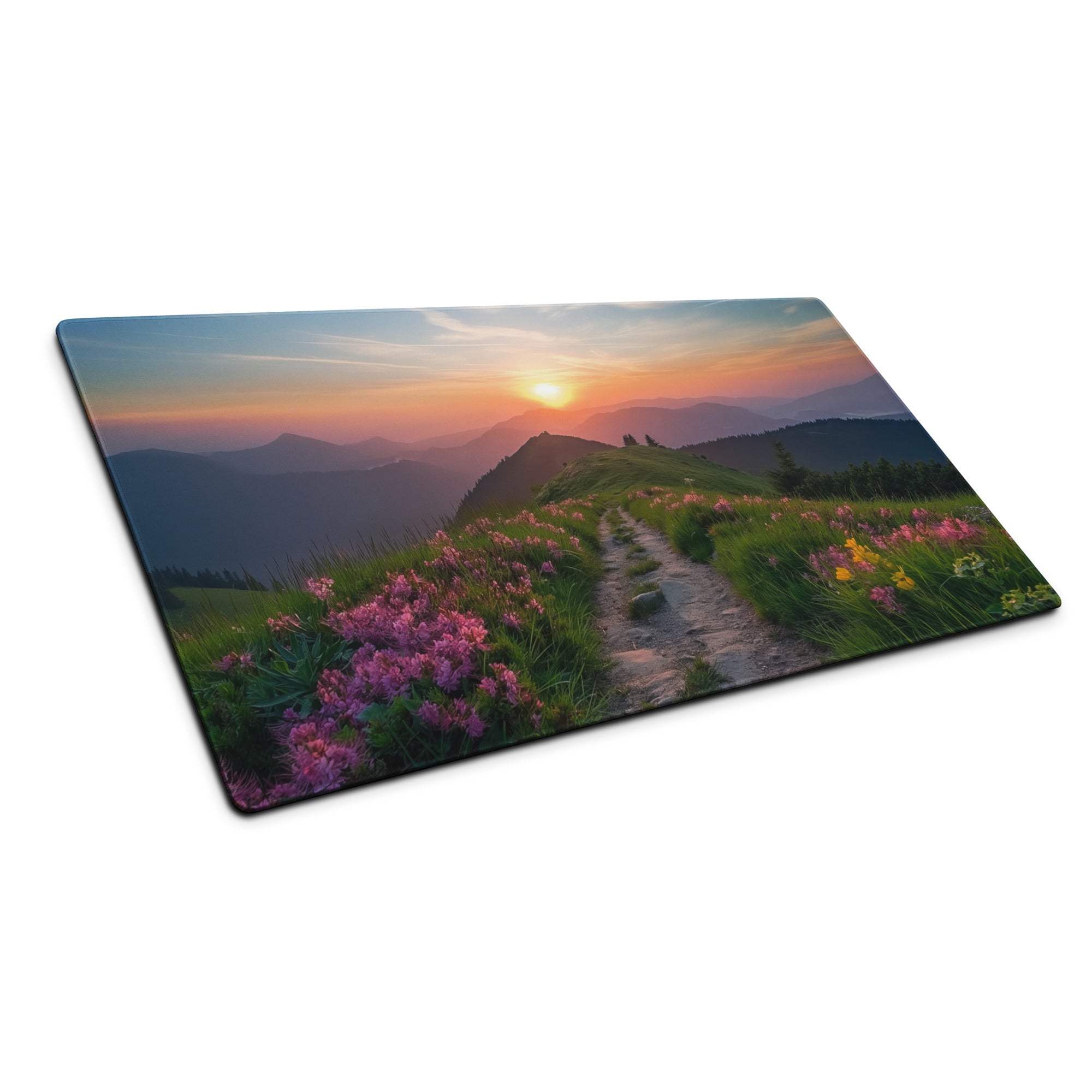 Vibrant sunset mountain trails mouse pad with flowers on glass cutting board