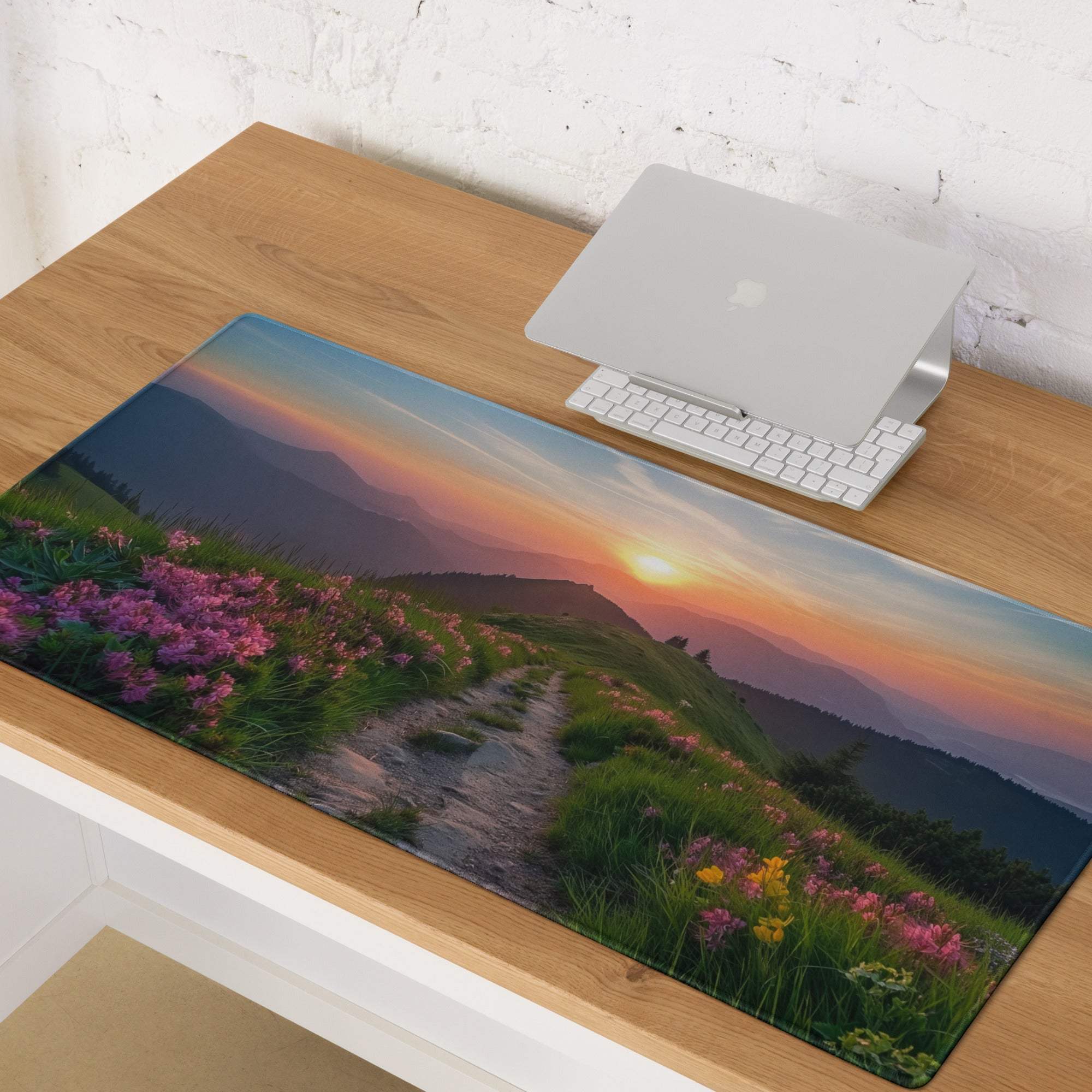 Vibrant sunset mountain landscape large gaming mouse pad with wildflowers