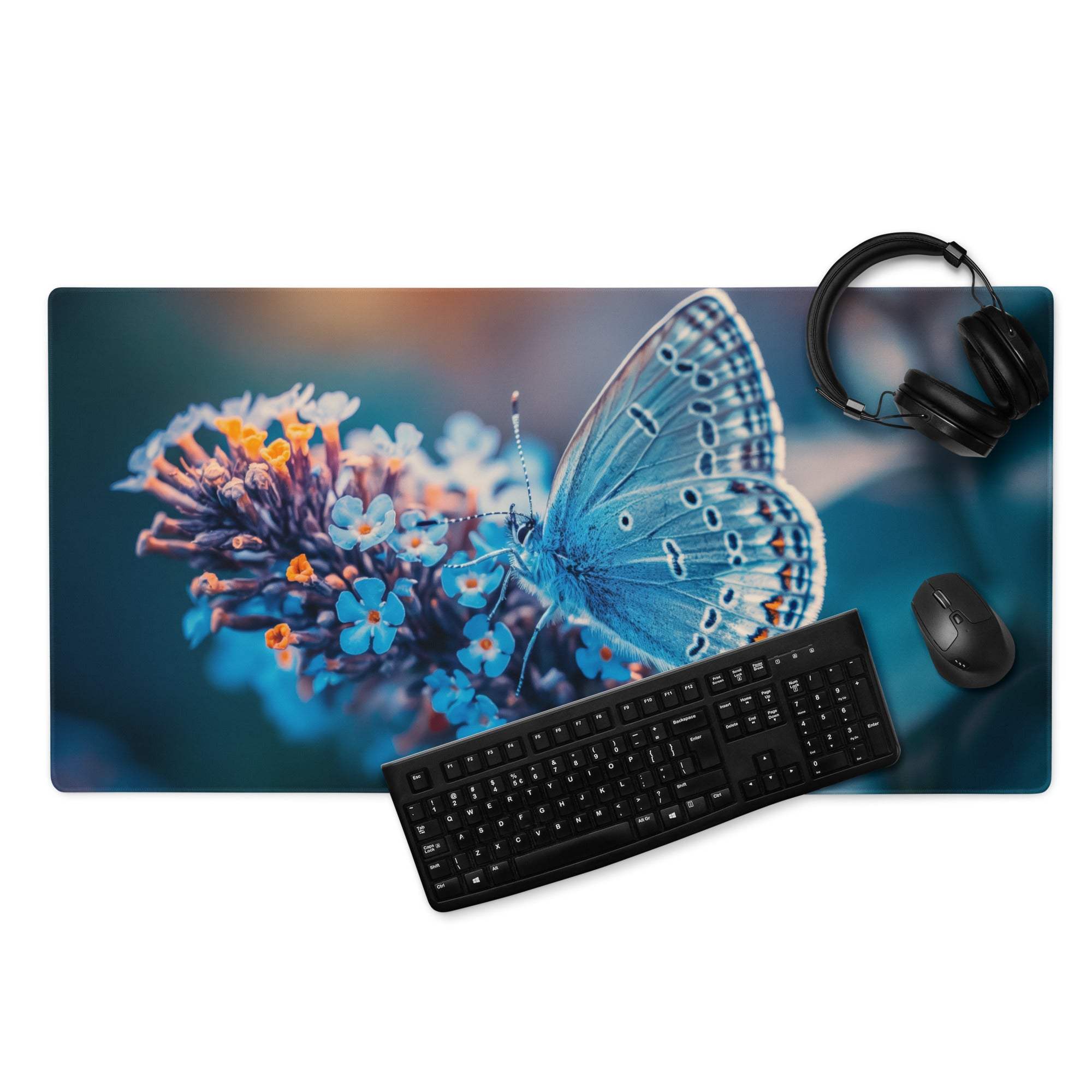 Nature-inspired blue butterfly on flowers gaming mouse pad with non-slip base