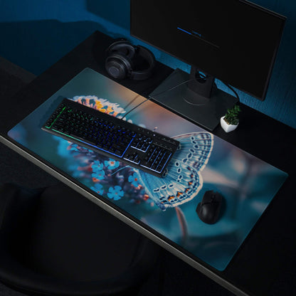 Blue butterfly gaming mouse pad with floral wings, non-slip base, edge stitching