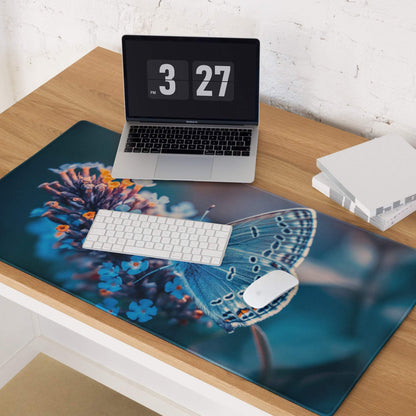 Blue butterfly floral gaming mouse pad with non-slip base and stitching