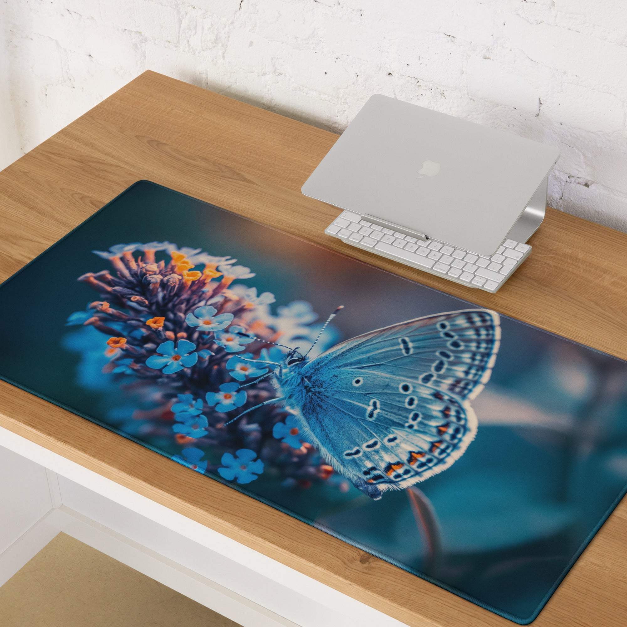 Blue butterfly on blue orange flowers gaming mousepad glossy non-slip stitched