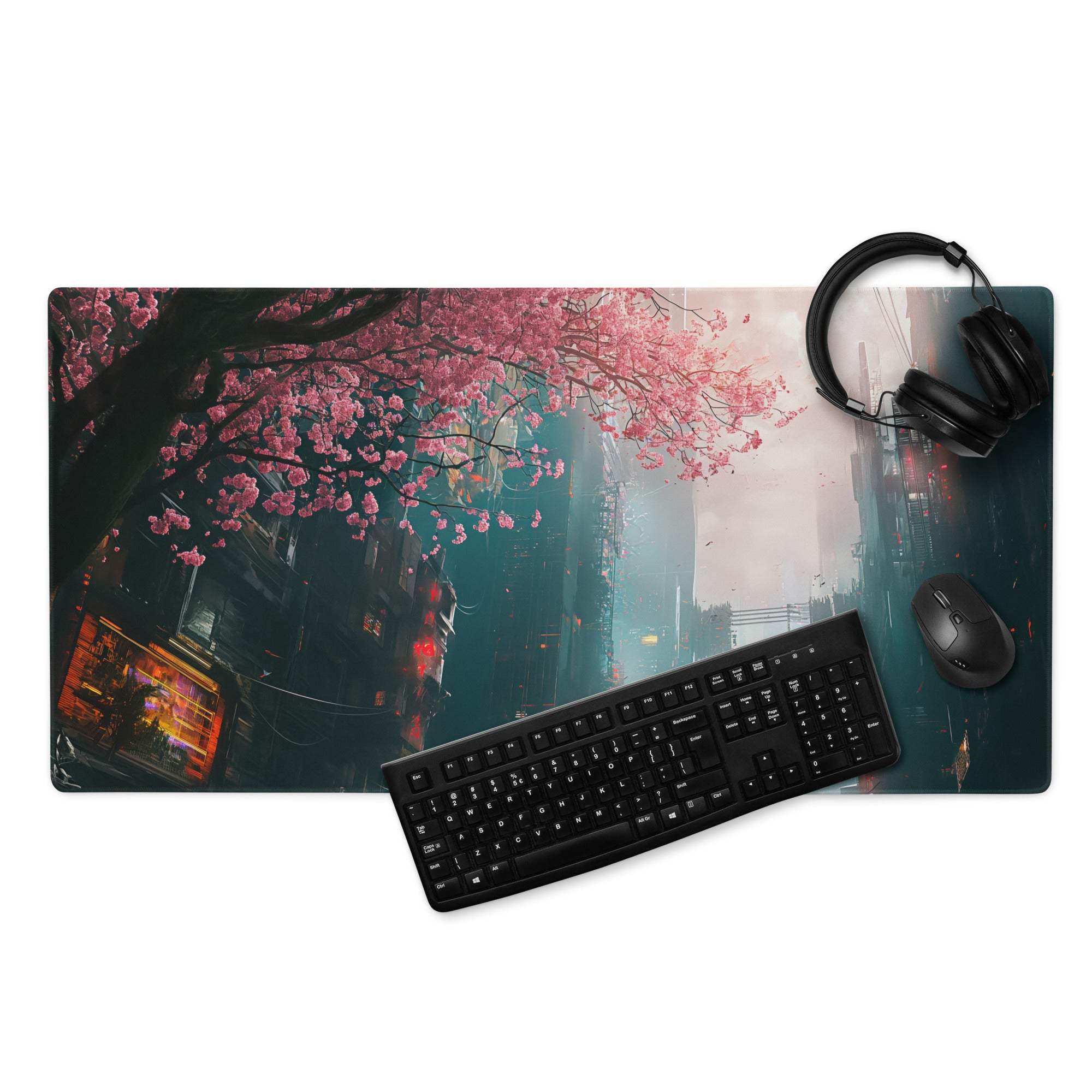 Cyberpunk cityscape oversized neon pink cherry blossom gaming mouse pad