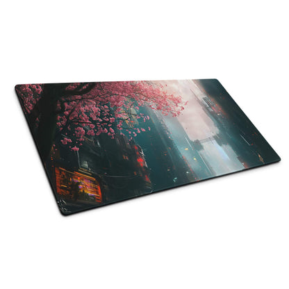 Cyberpunk Cityscape Oversized Neon Pink Cherry Blossom Gaming Mouse Pad