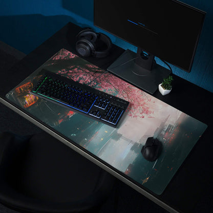 Cyberpunk cityscape oversized neon pink cherry blossom gaming mouse pad