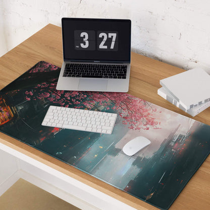 Cyberpunk cityscape oversized neon pink cherry blossom gaming mouse pad