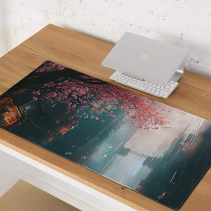 Cyberpunk cityscape oversized neon pink cherry blossom gaming mouse pad
