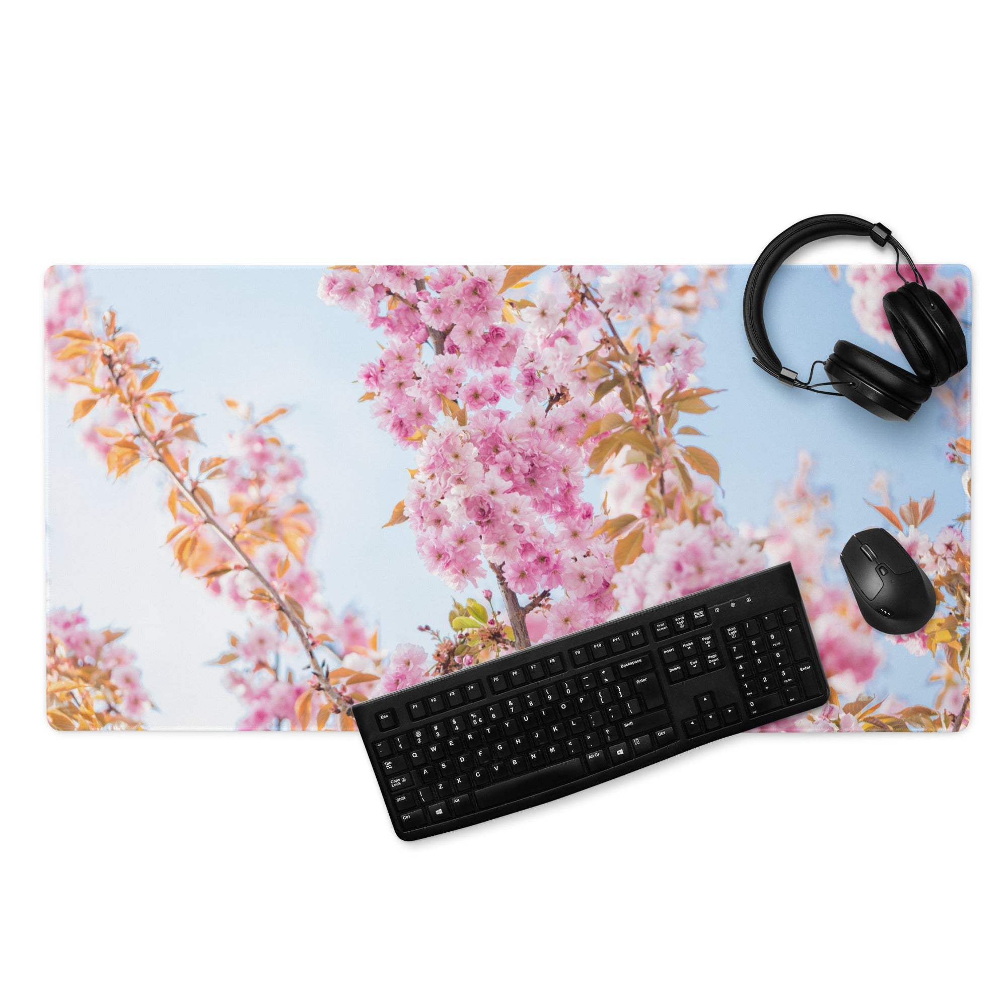 Floral pink cherry blossom gaming mouse pad with non-slip base