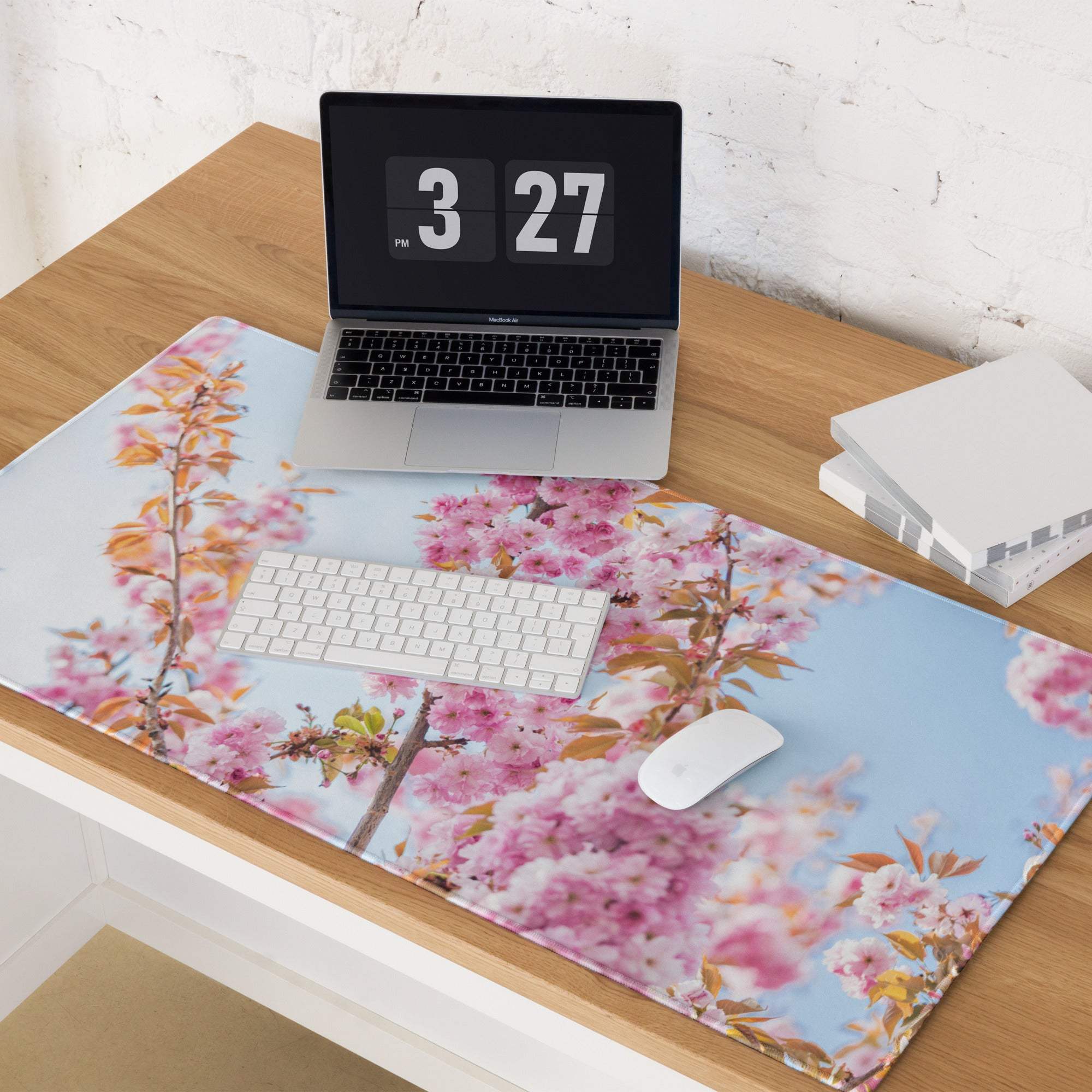 Floral pink blossom extra large gaming mouse pad with pastel blue background