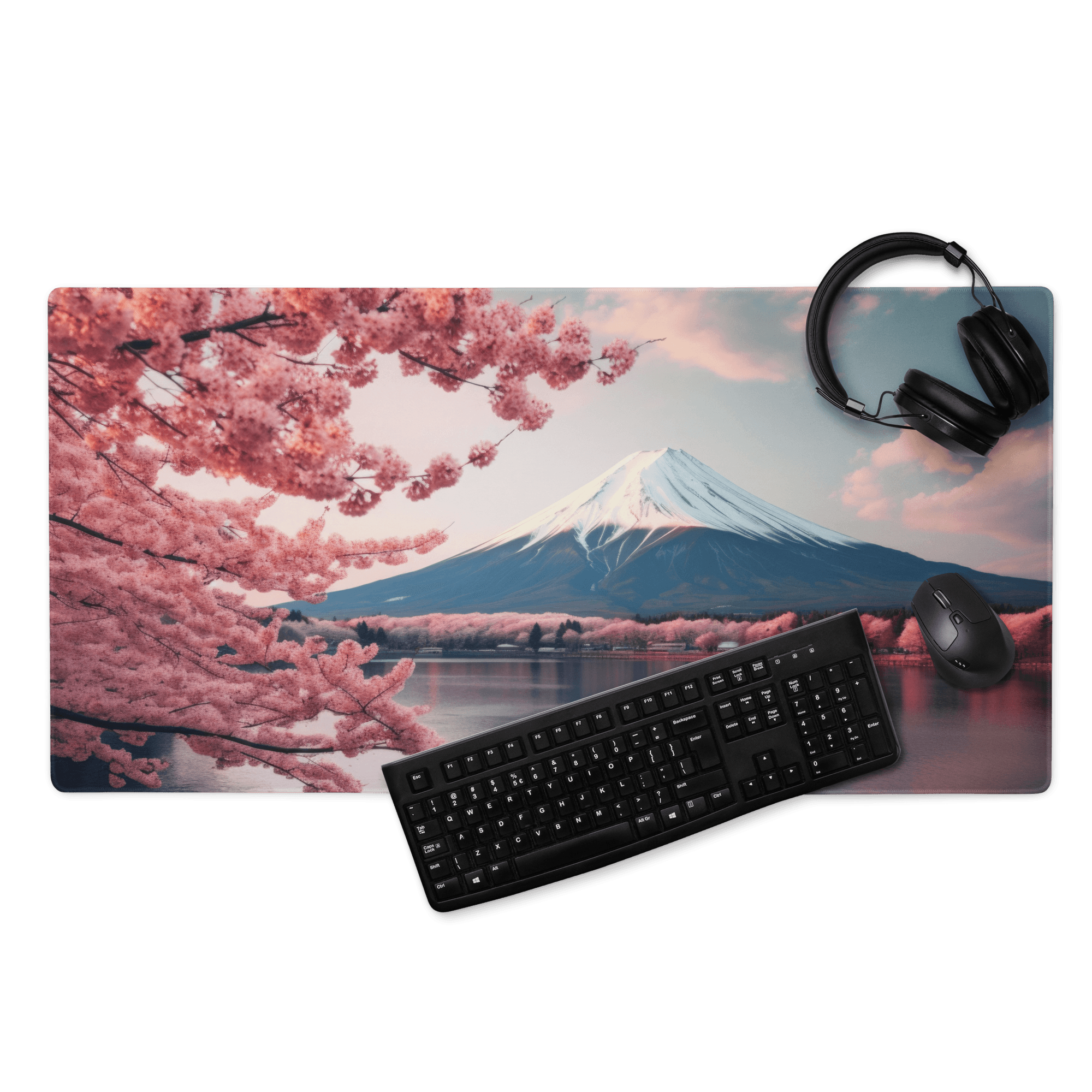 Stylish pink cherry blossom Mount Fuji gaming mouse pad with keyboard and mouse