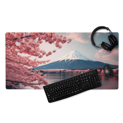 Stylish pink cherry blossom Mount Fuji gaming mouse pad with keyboard and mouse
