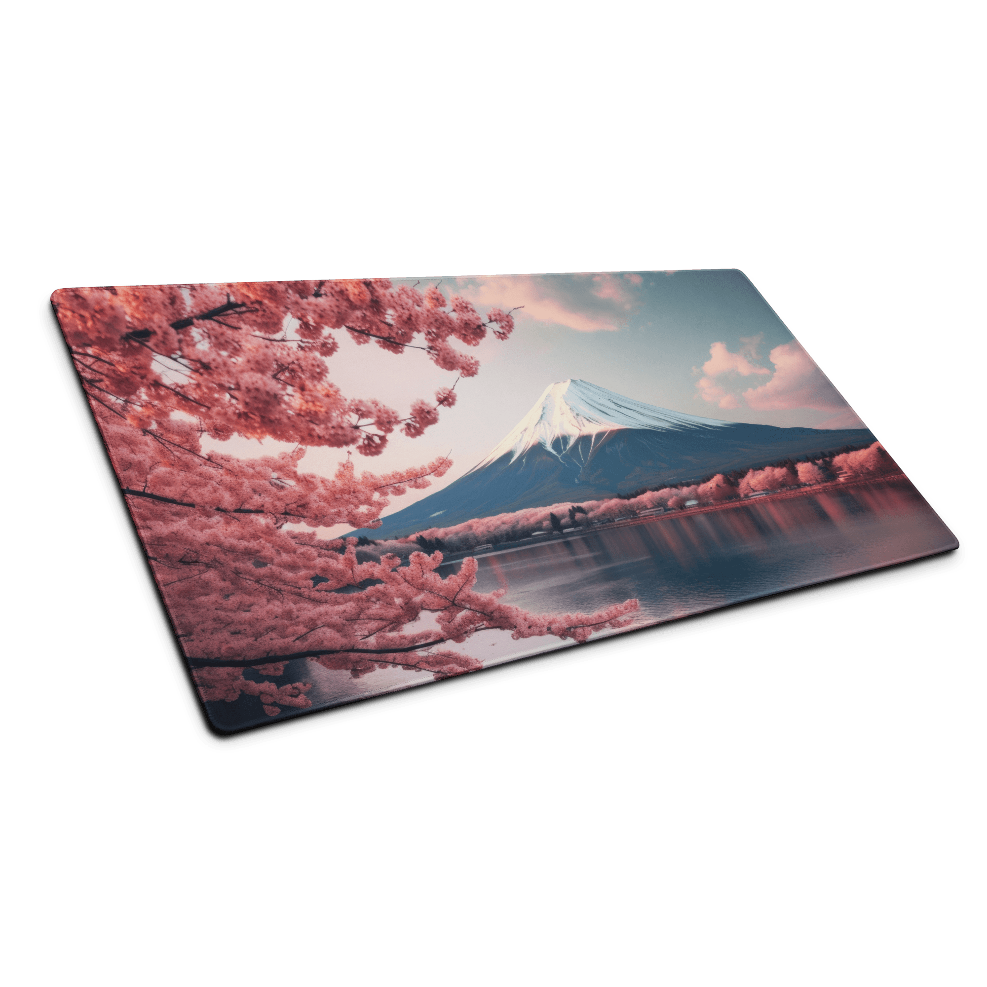 Stylish pink cherry blossom Mount Fuji gaming mouse pad with water reflection