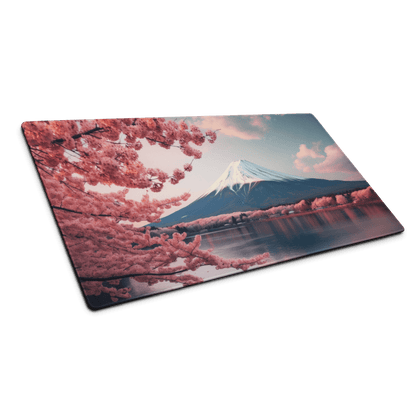 Stylish pink cherry blossom Mount Fuji gaming mouse pad with water reflection