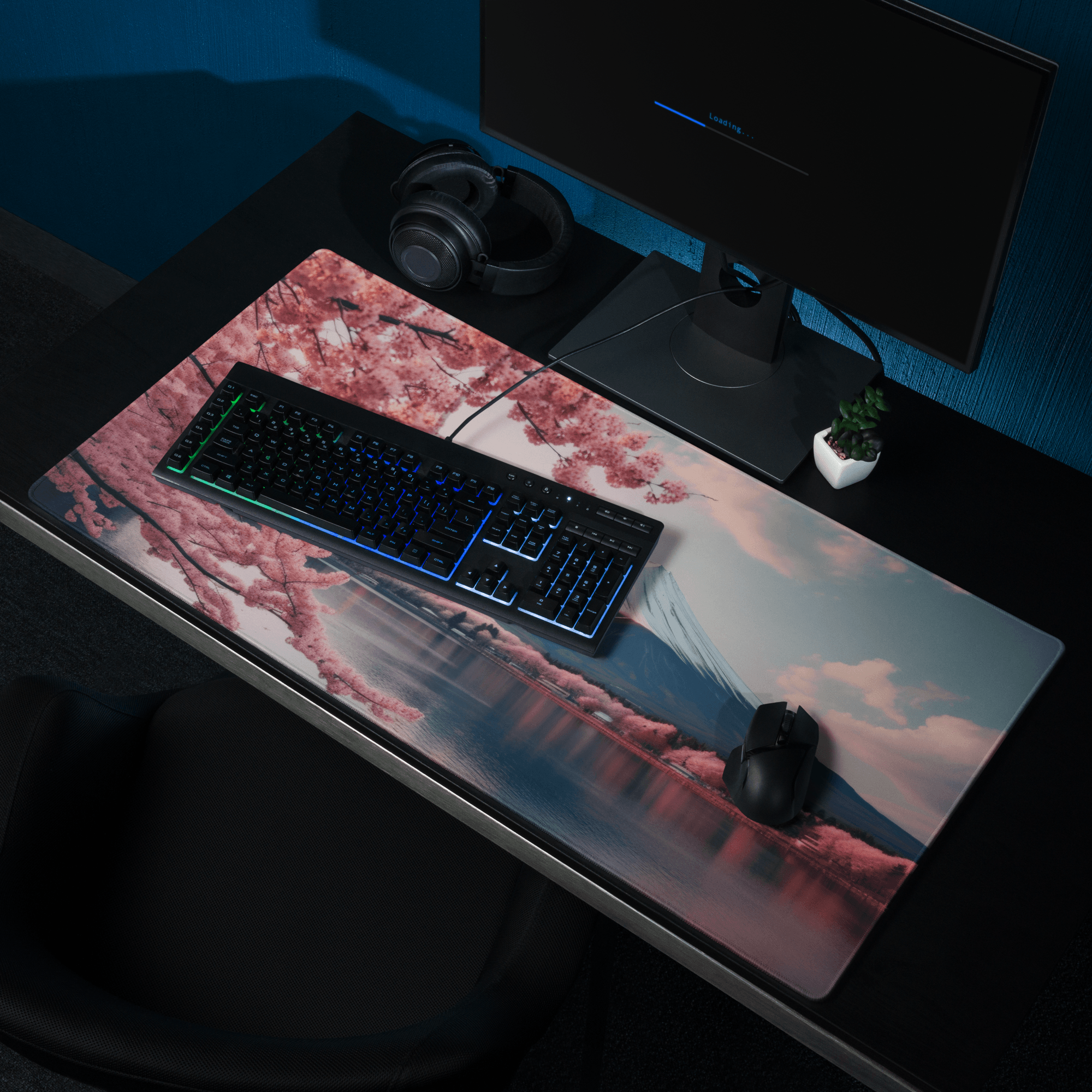 Stylish pink cherry blossom Mount Fuji gaming mouse pad with non-slip edges