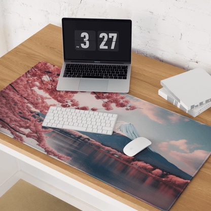 Stylish pink cherry blossom Mount Fuji gaming mouse pad with non-slip edges