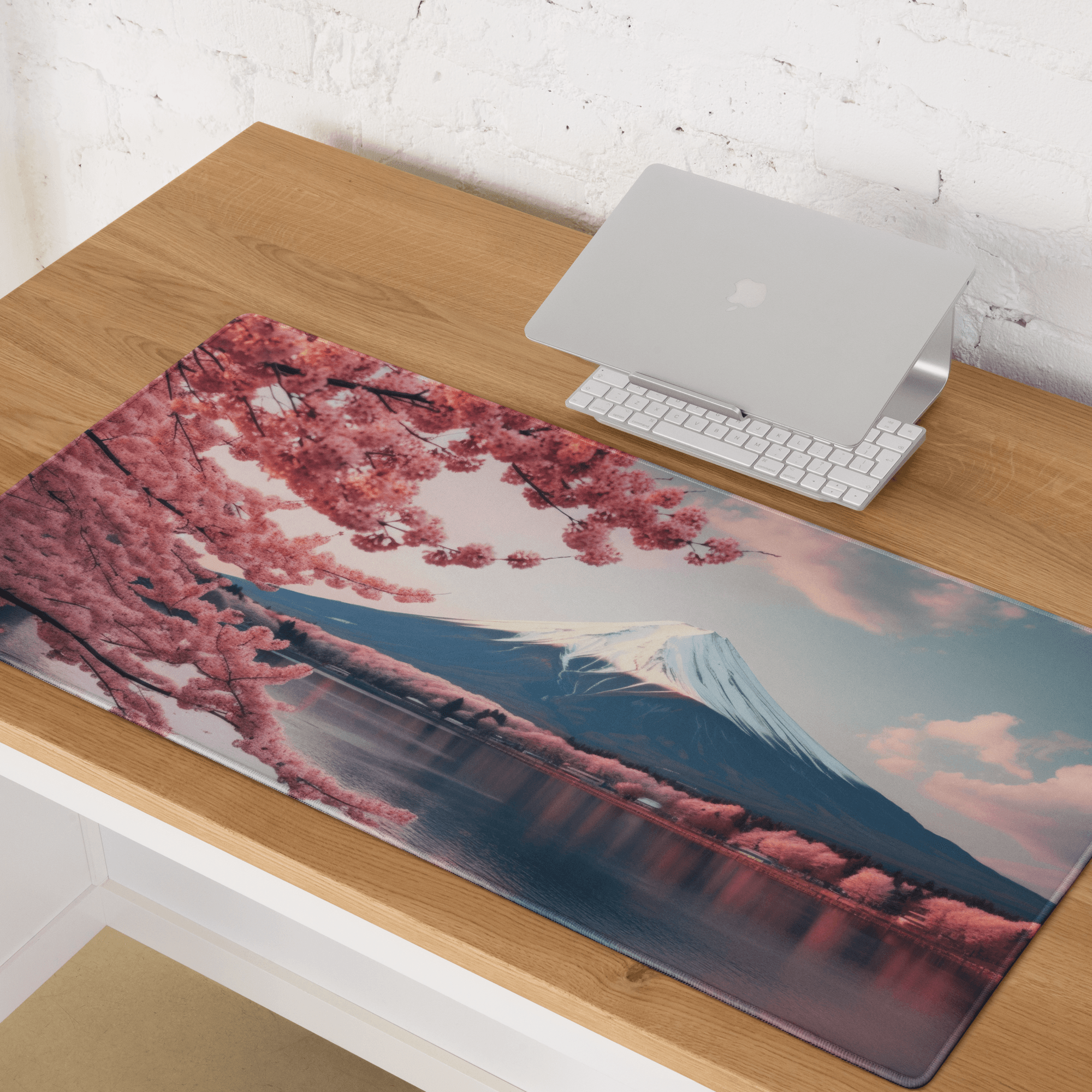 Stylish pink cherry blossom Mount Fuji gaming mouse pad with non-slip edges