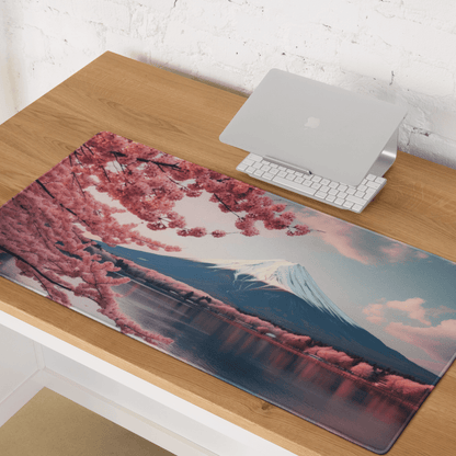 Stylish pink cherry blossom Mount Fuji gaming mouse pad with non-slip edges