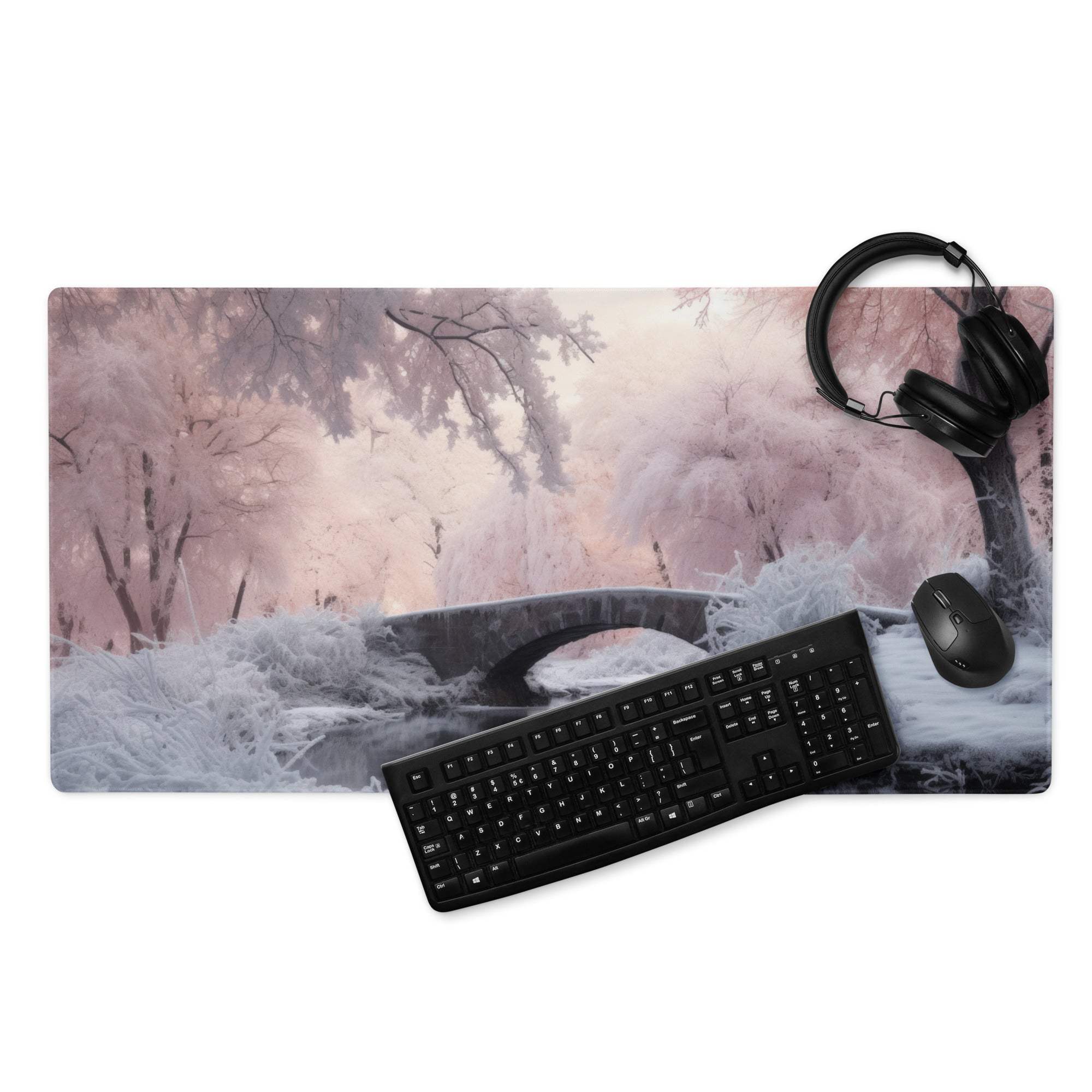 Dreamy Winter Pink Landscape gaming mouse pad with serene frost-covered trees and stone bridge