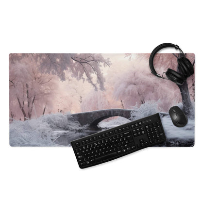 Dreamy Winter Pink Landscape gaming mouse pad with serene frost-covered trees and stone bridge