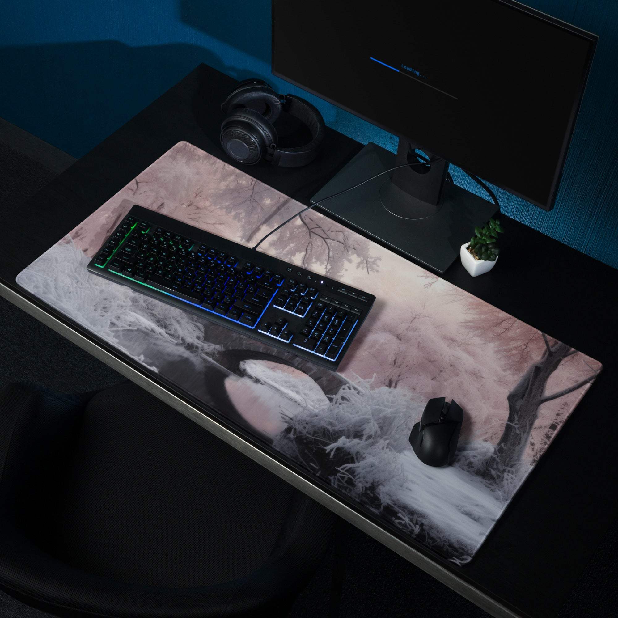 Dreamy Winter Pink snowy forest gaming mouse pad, large non-slip