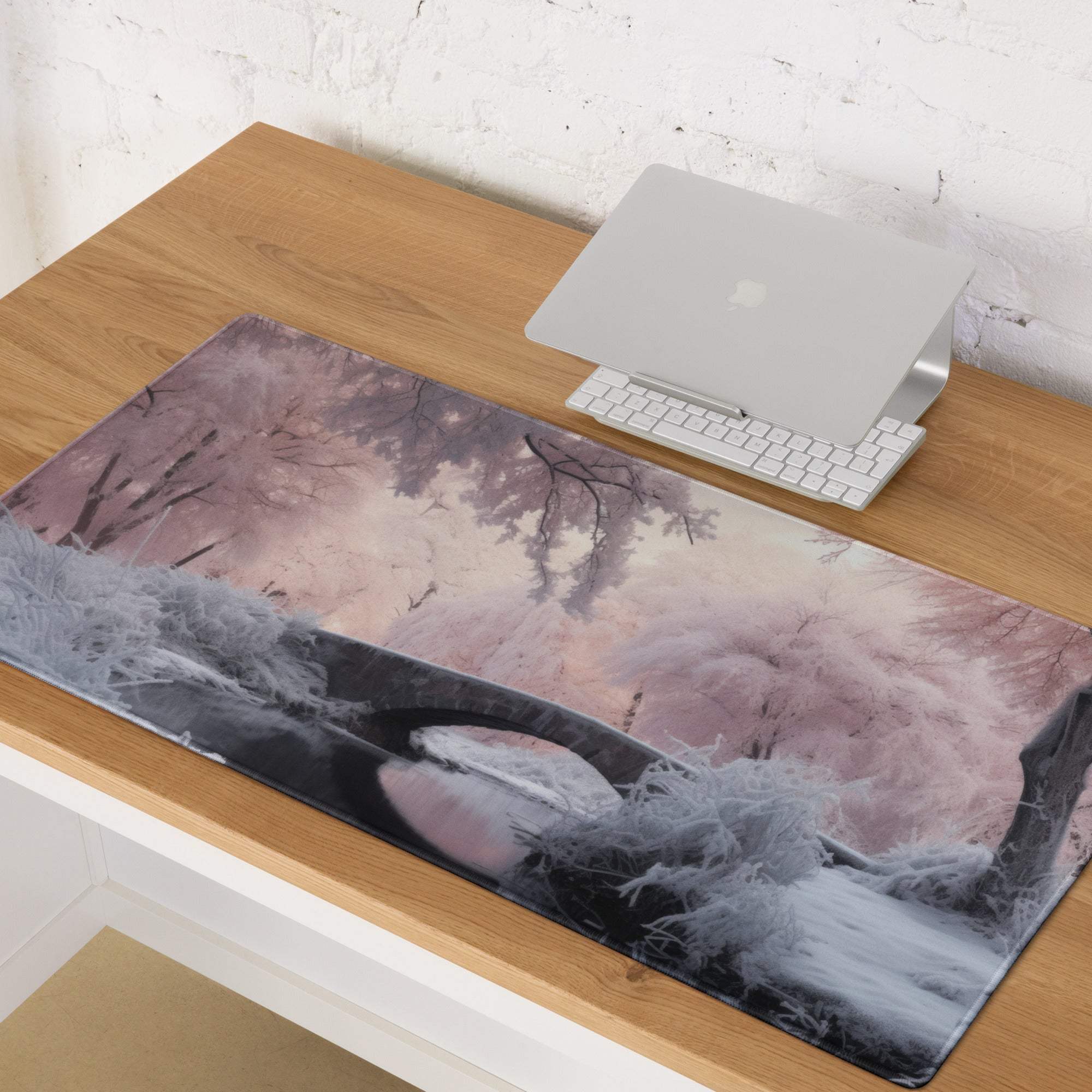 Dreamy winter pink landscape gaming mouse pad with frost trees and non-slip backing