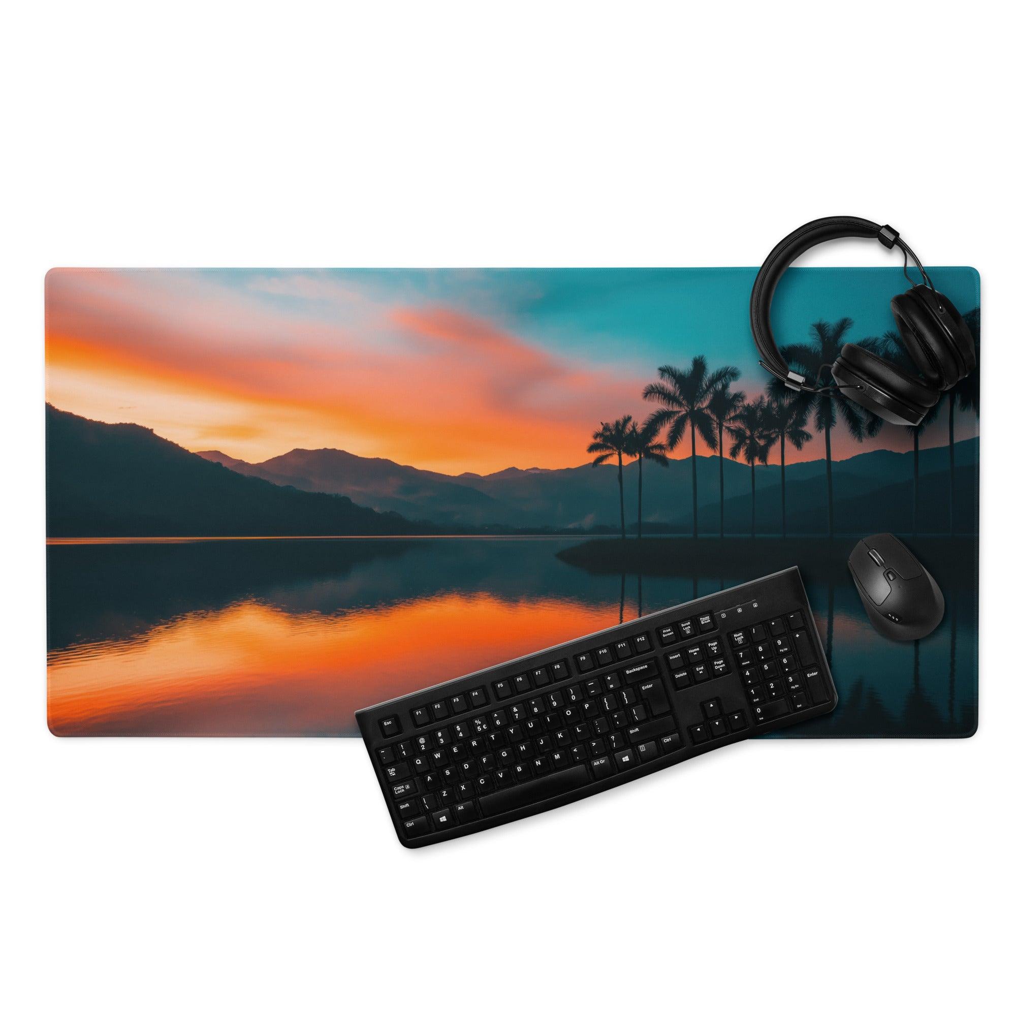 Serene Sunset Palm Trees large gaming mouse pad with vibrant sunset over palms