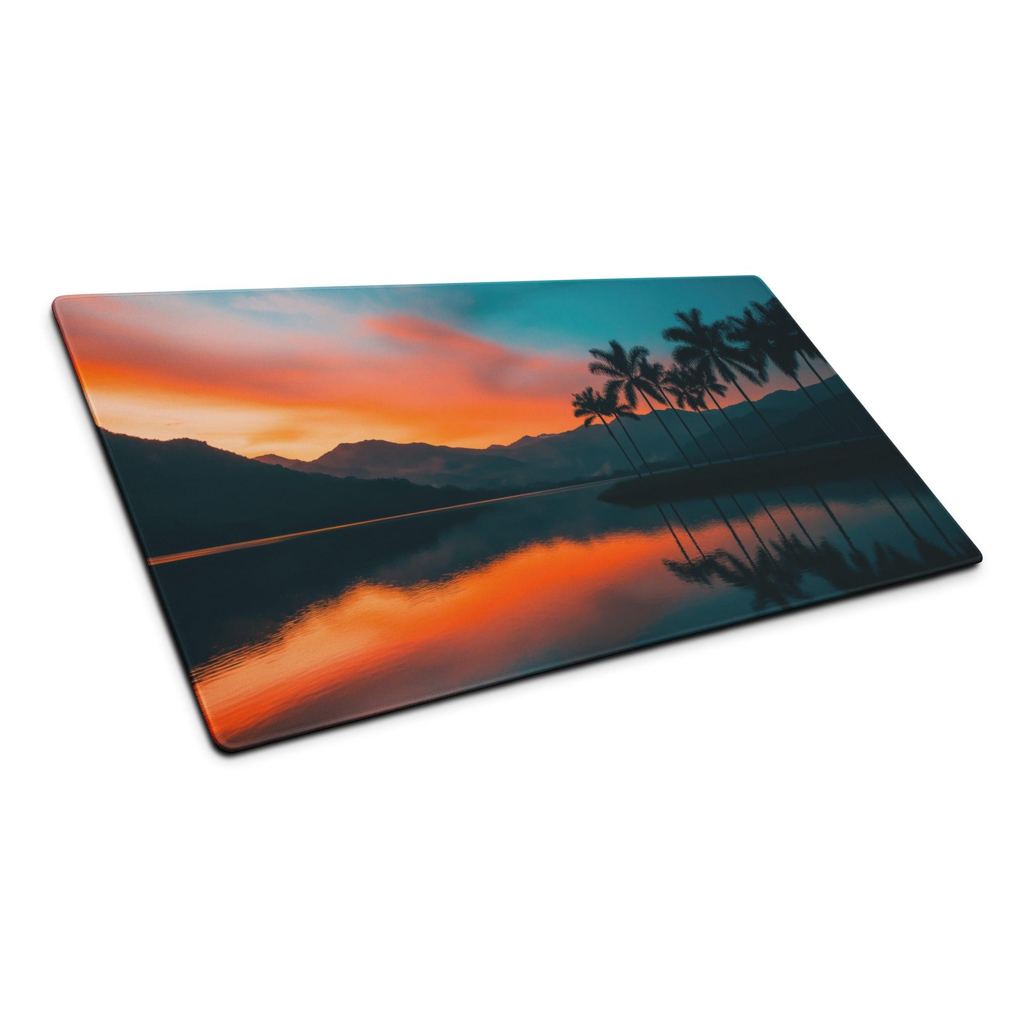 Serene Sunset Palm Trees large gaming mouse pad with orange teal sunset reflection