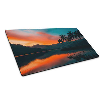 Serene Sunset Palm Trees large gaming mouse pad with orange teal sunset reflection