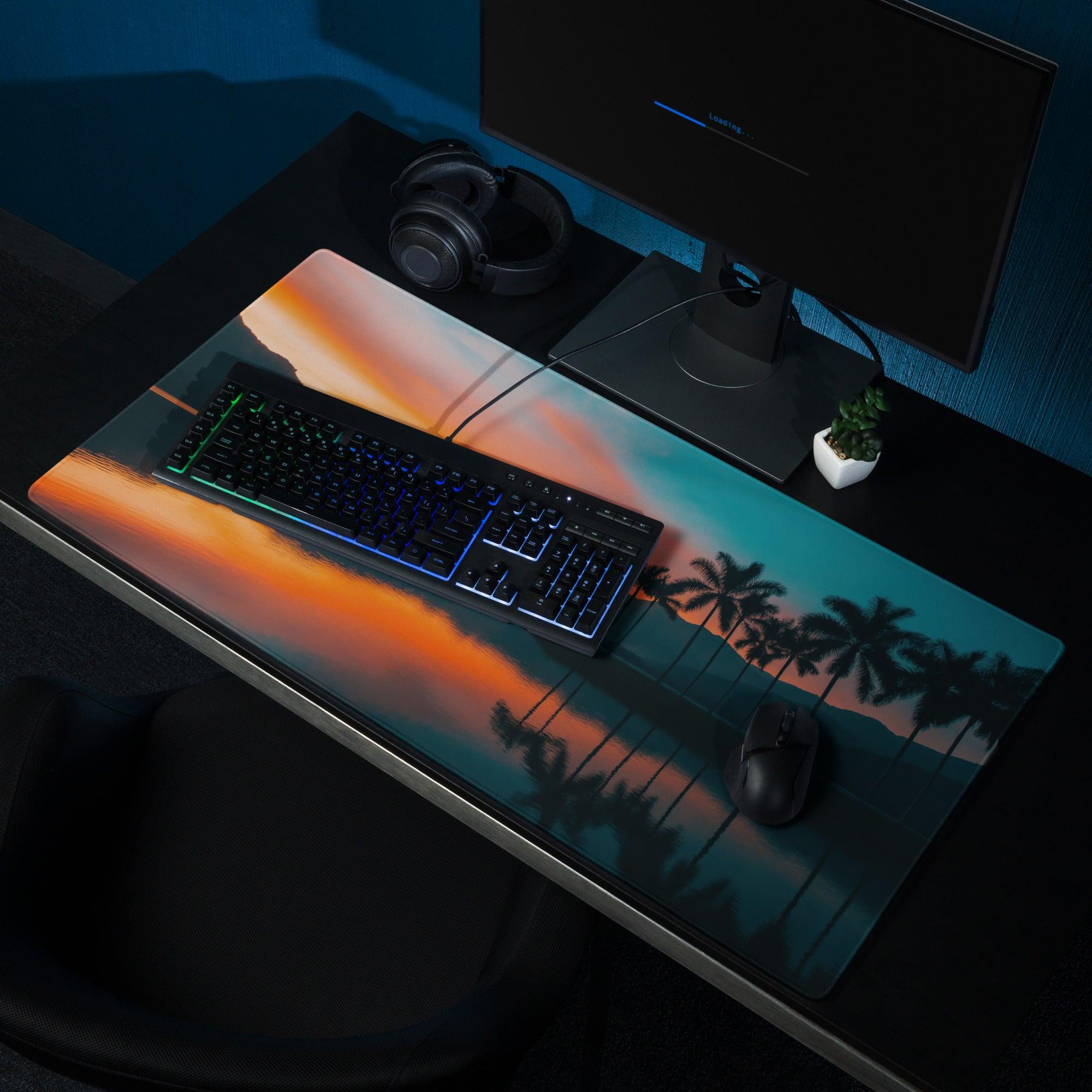 Serene Sunset Palm Trees large gaming mouse pad with orange teal gradient