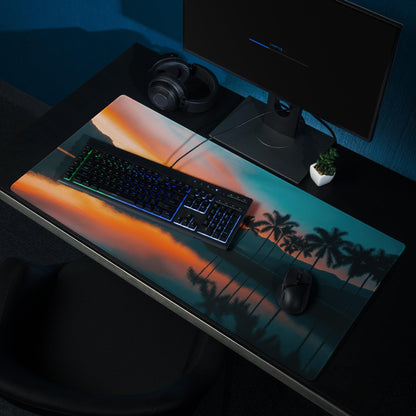 Serene Sunset Palm Trees large gaming mouse pad with orange teal gradient