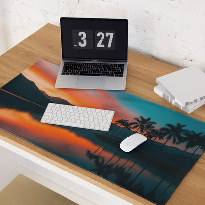 Serene Sunset Palm Trees large gaming mouse pad with orange-to-teal gradient sky