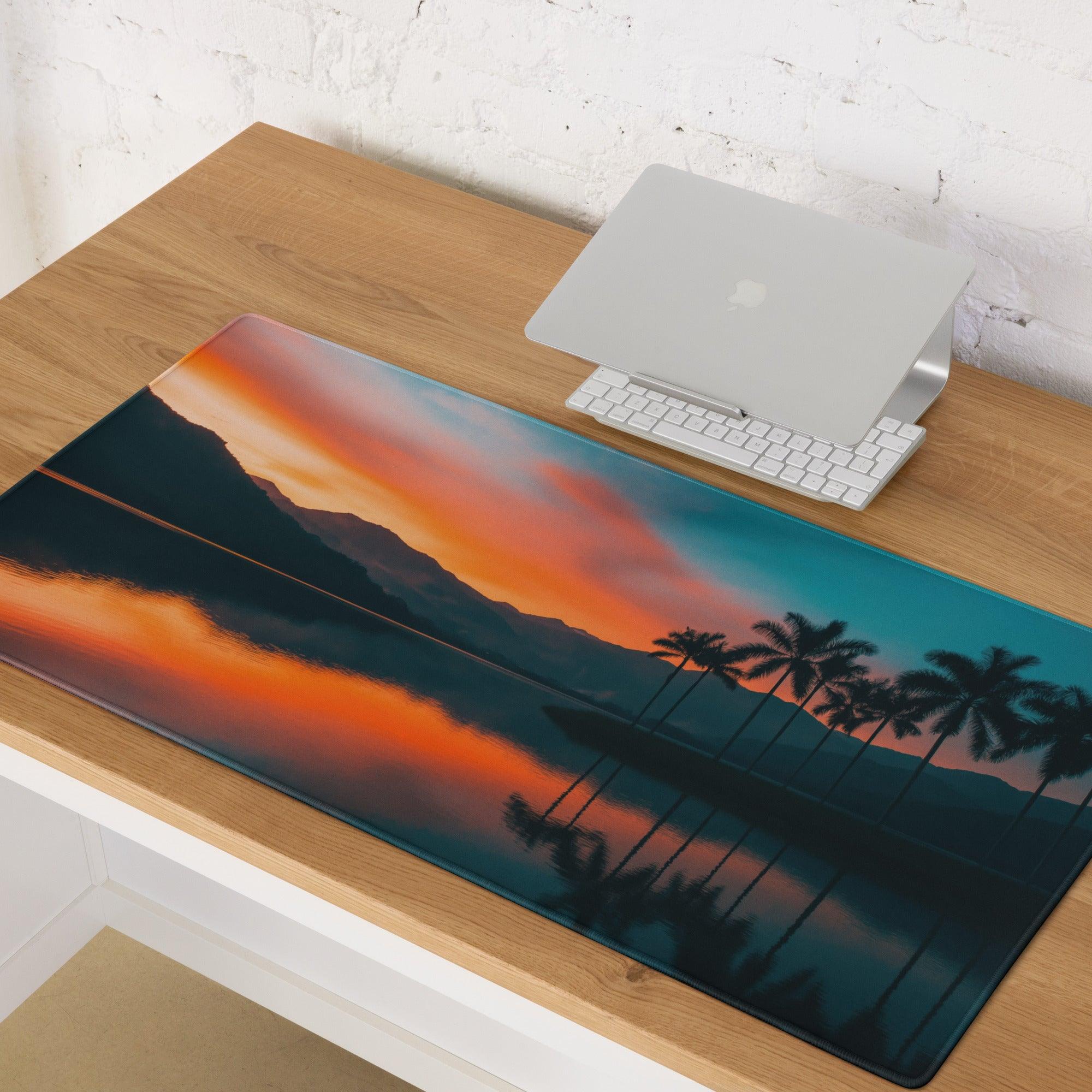Serene Sunset Palm Trees large gaming mouse pad, orange teal gradient