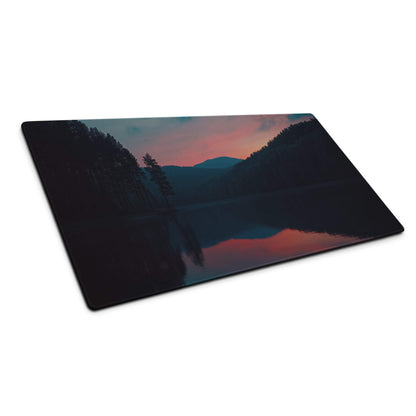 Large non-slip gaming mouse pad with serene sunset lake mountains view