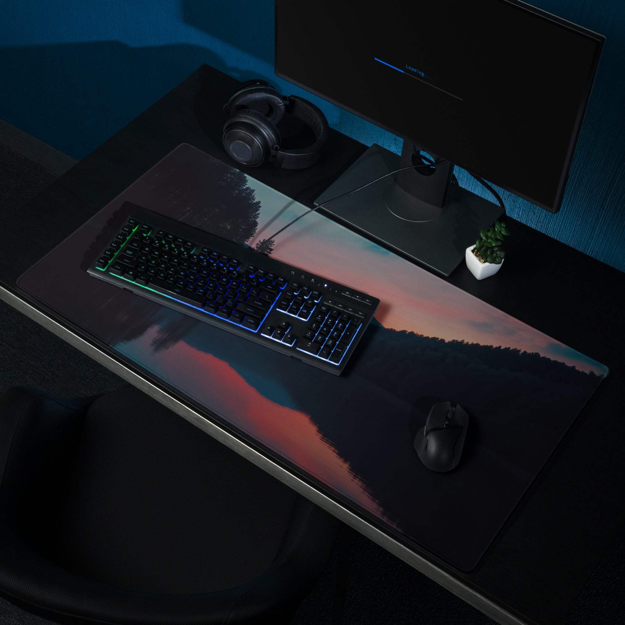 Large non-slip gaming mouse pad with sunset over mountains design