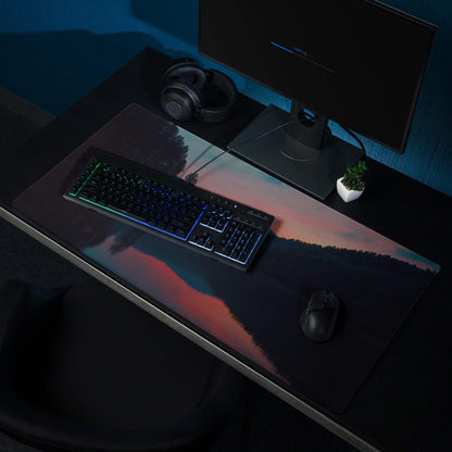 Large non-slip gaming mouse pad with sunset over mountains design