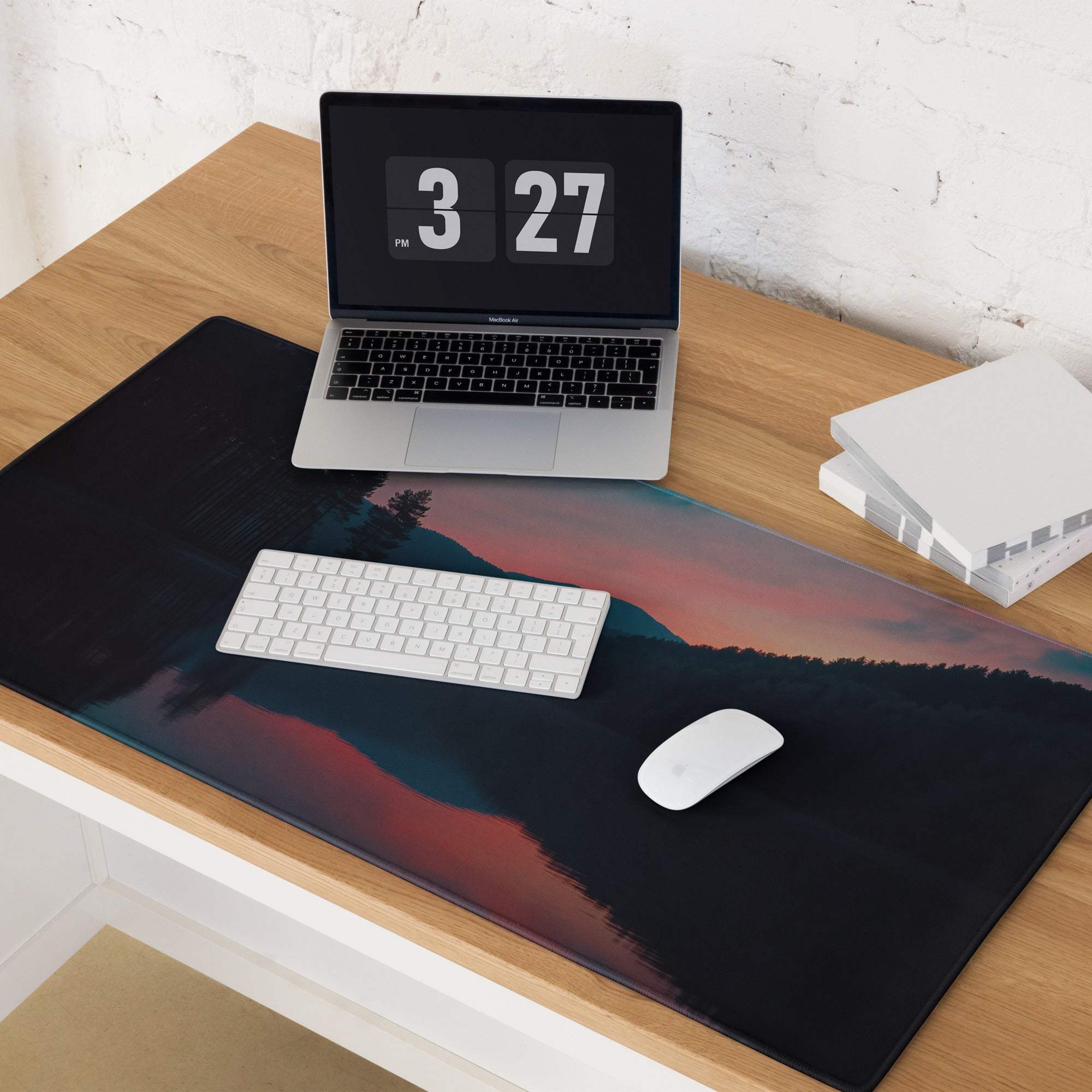 Large non-slip gaming mouse pad with calm sunset lake mountain design