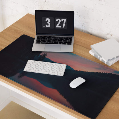 Large non-slip gaming mouse pad with calm sunset lake mountain design