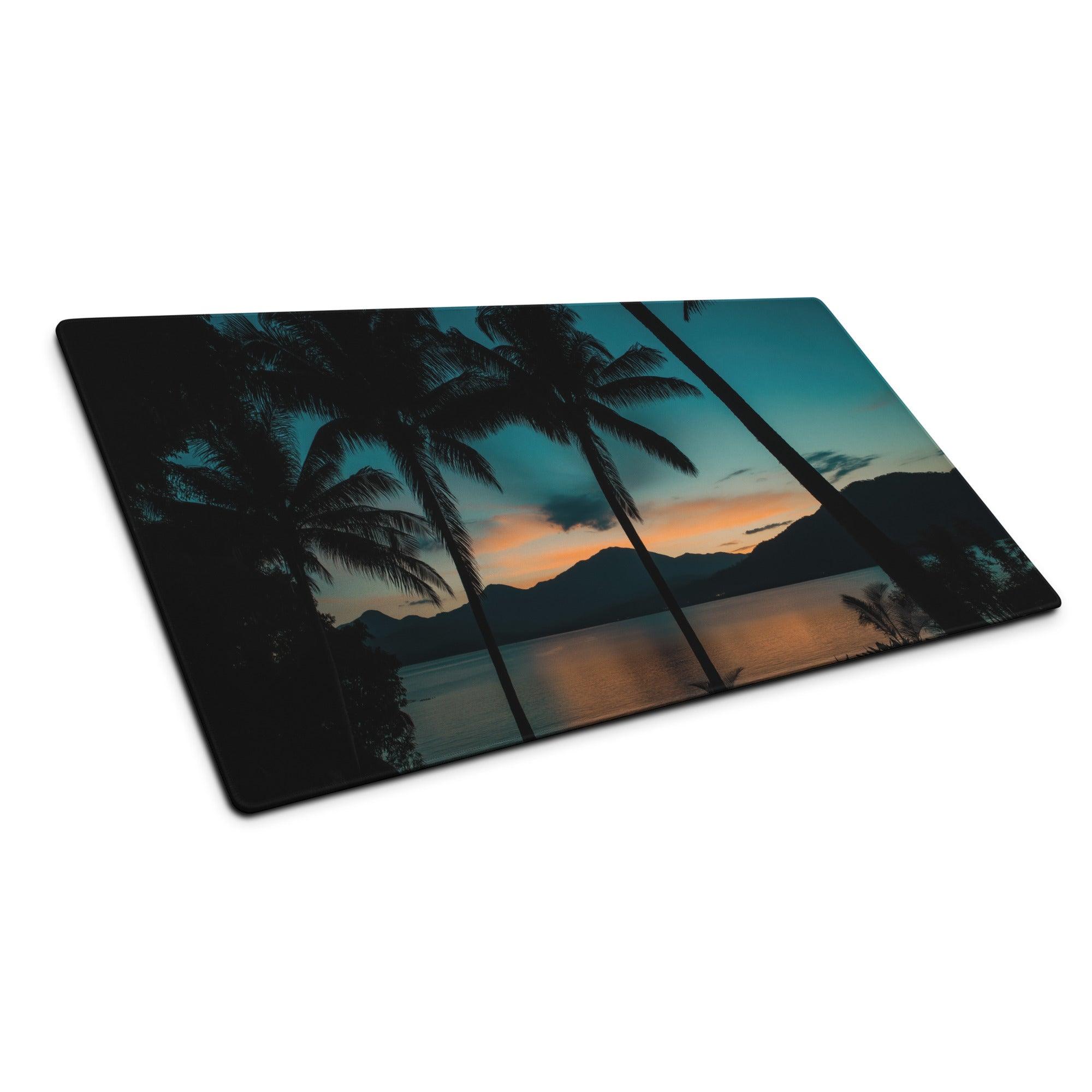 Tropical sunset gaming mouse pad with teal orange palm scene