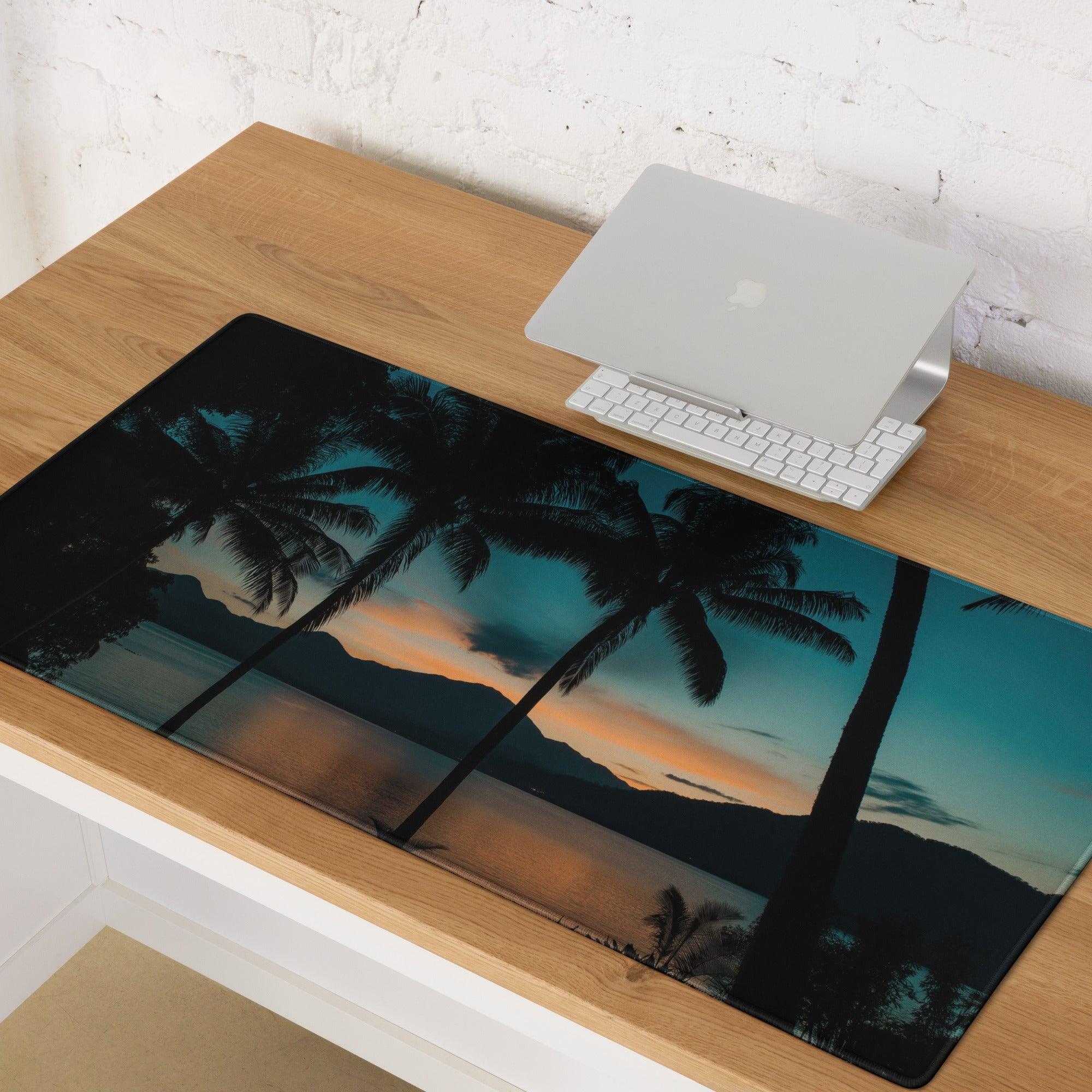 Tropical sunset gaming mouse pad with teal orange palm scene