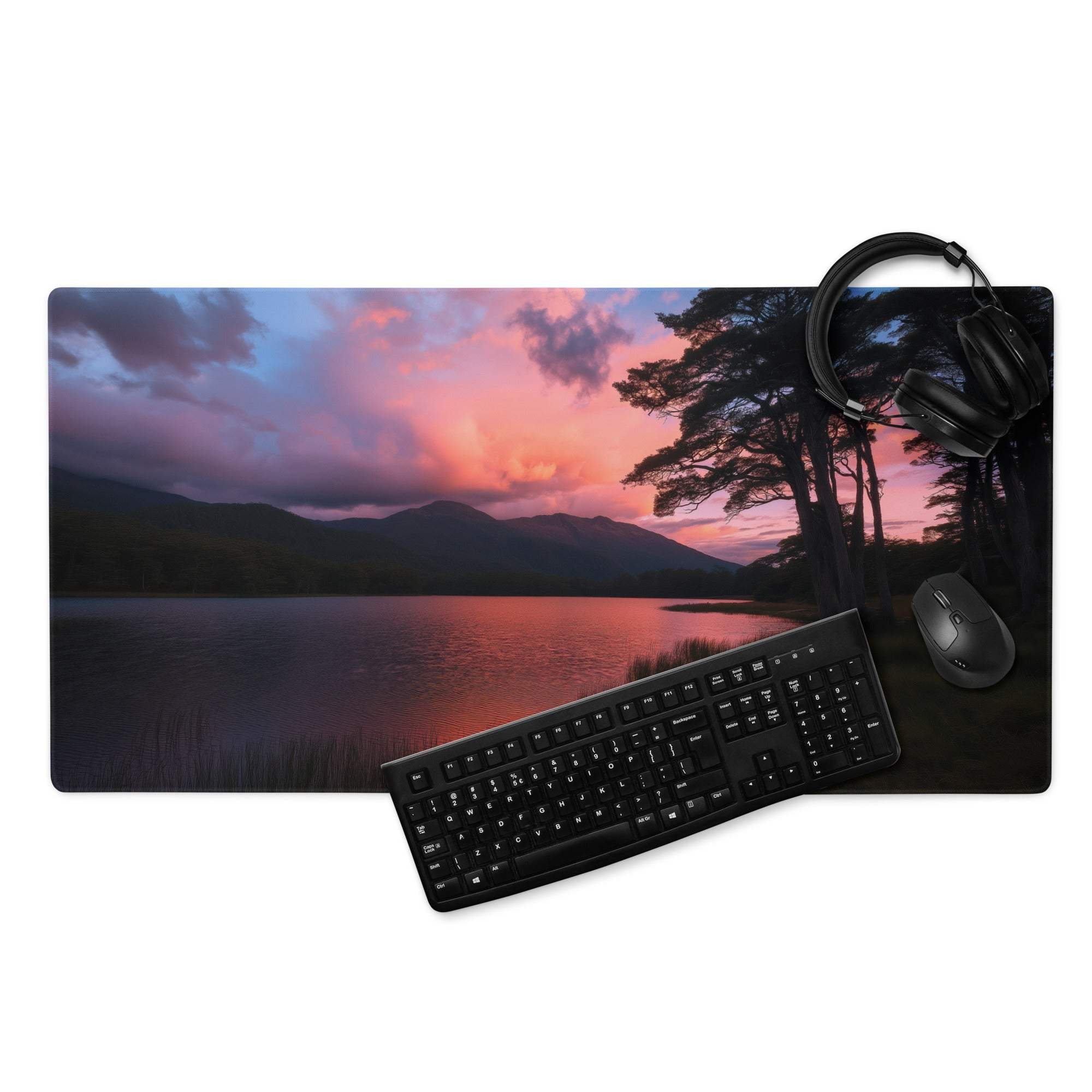 Large panoramic sunset gaming mouse pad with non-slip base