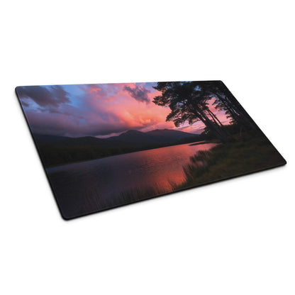 Large panoramic sunset gaming mouse pad with silhouetted trees over water