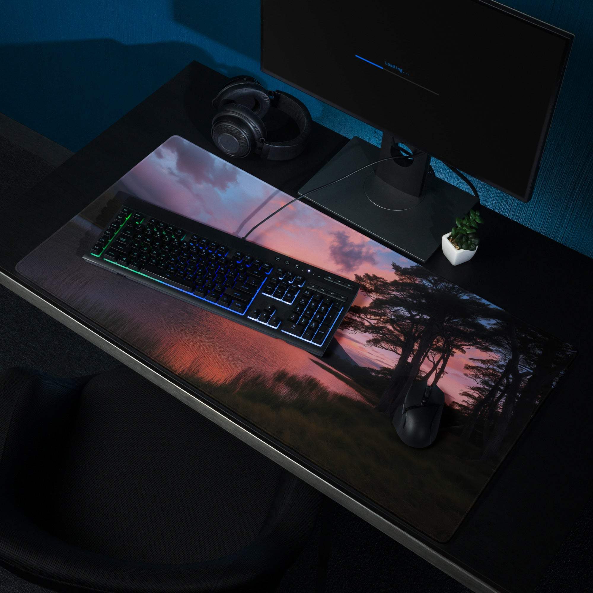 Large panoramic sunset gaming mouse pad with non-slip base and stitched edges