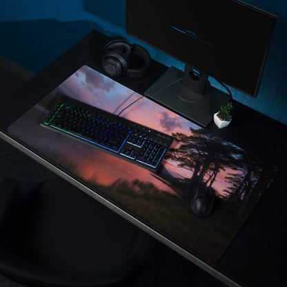Large panoramic sunset gaming mouse pad with non-slip base and stitched edges