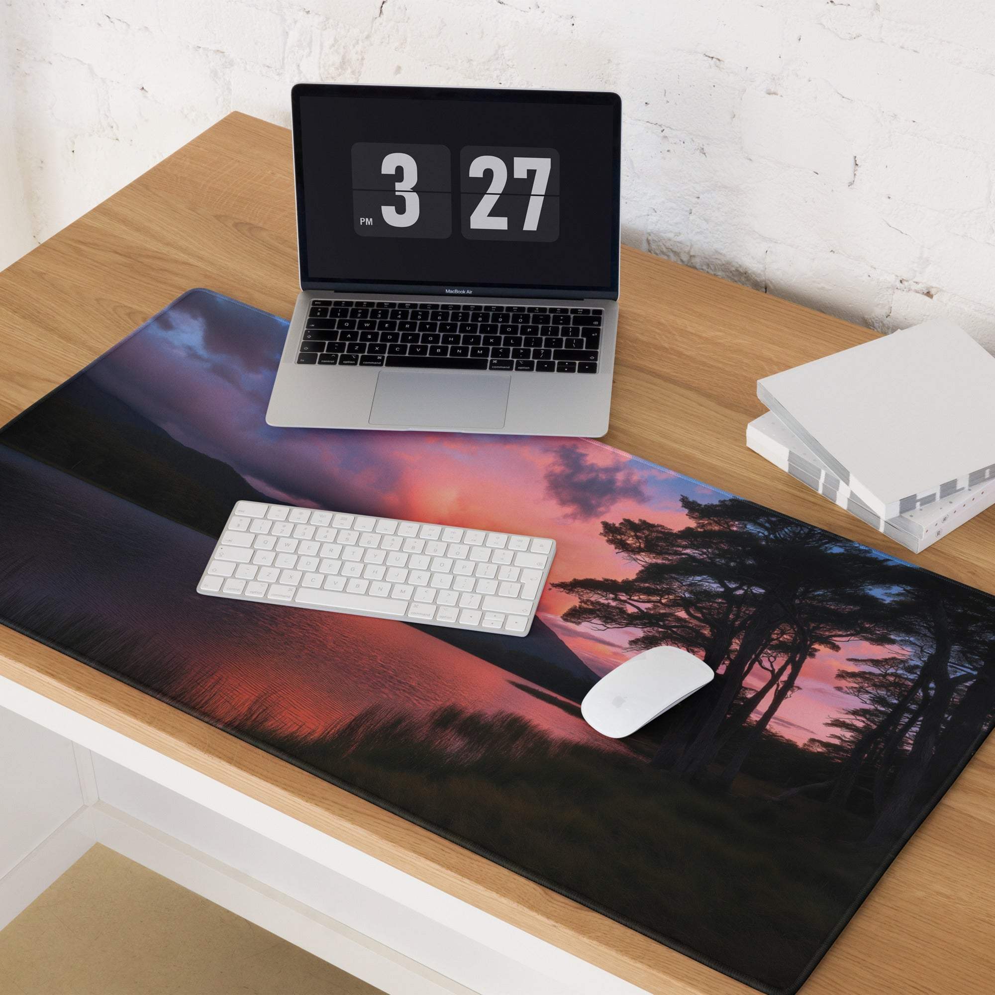Large panoramic sunset gaming mouse pad with non-slip base and stitched edges