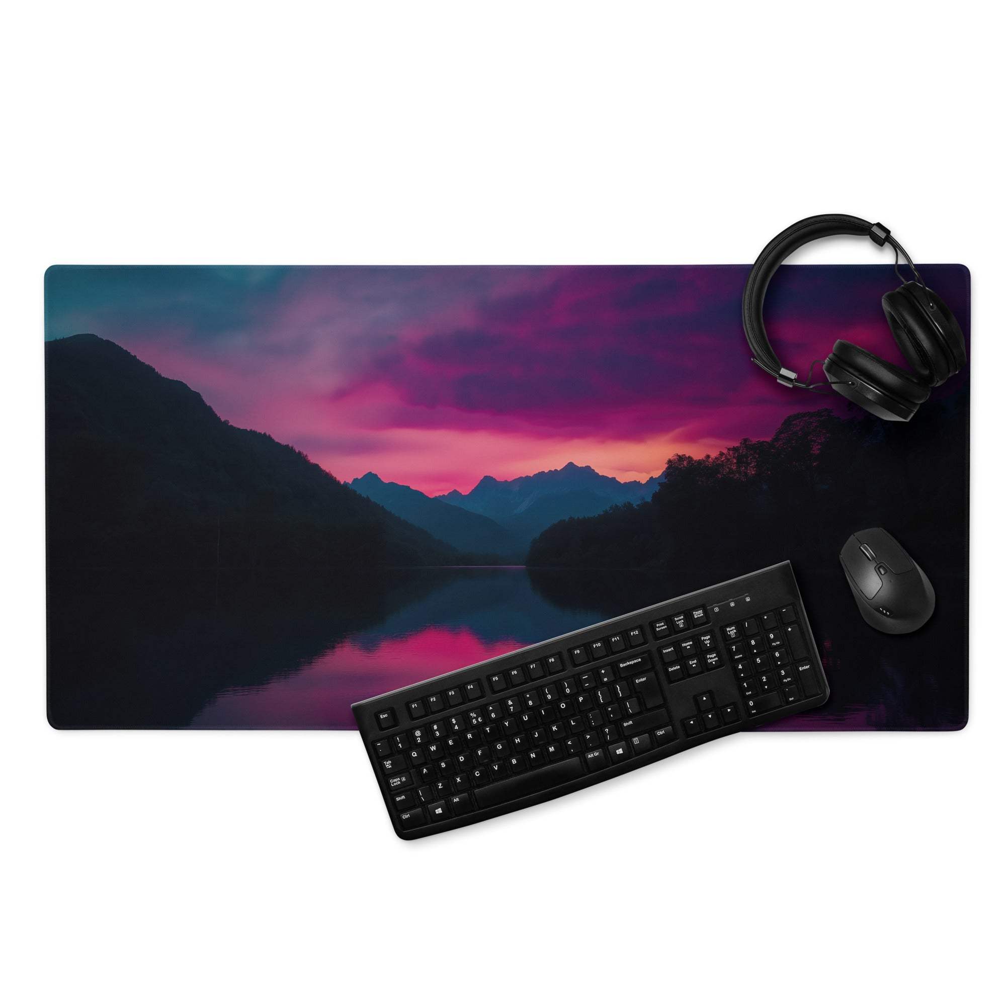 Epic sunset mountain gaming mousepad with purple pink peaks, reflective water, non-slip base
