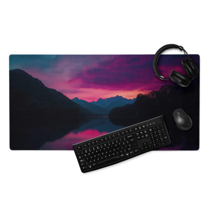 Epic sunset mountain gaming mousepad with purple pink peaks, reflective water, non-slip base