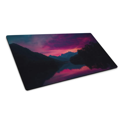 Epic sunset mountain landscape mouse pad with purple pink reflection, non-slip base